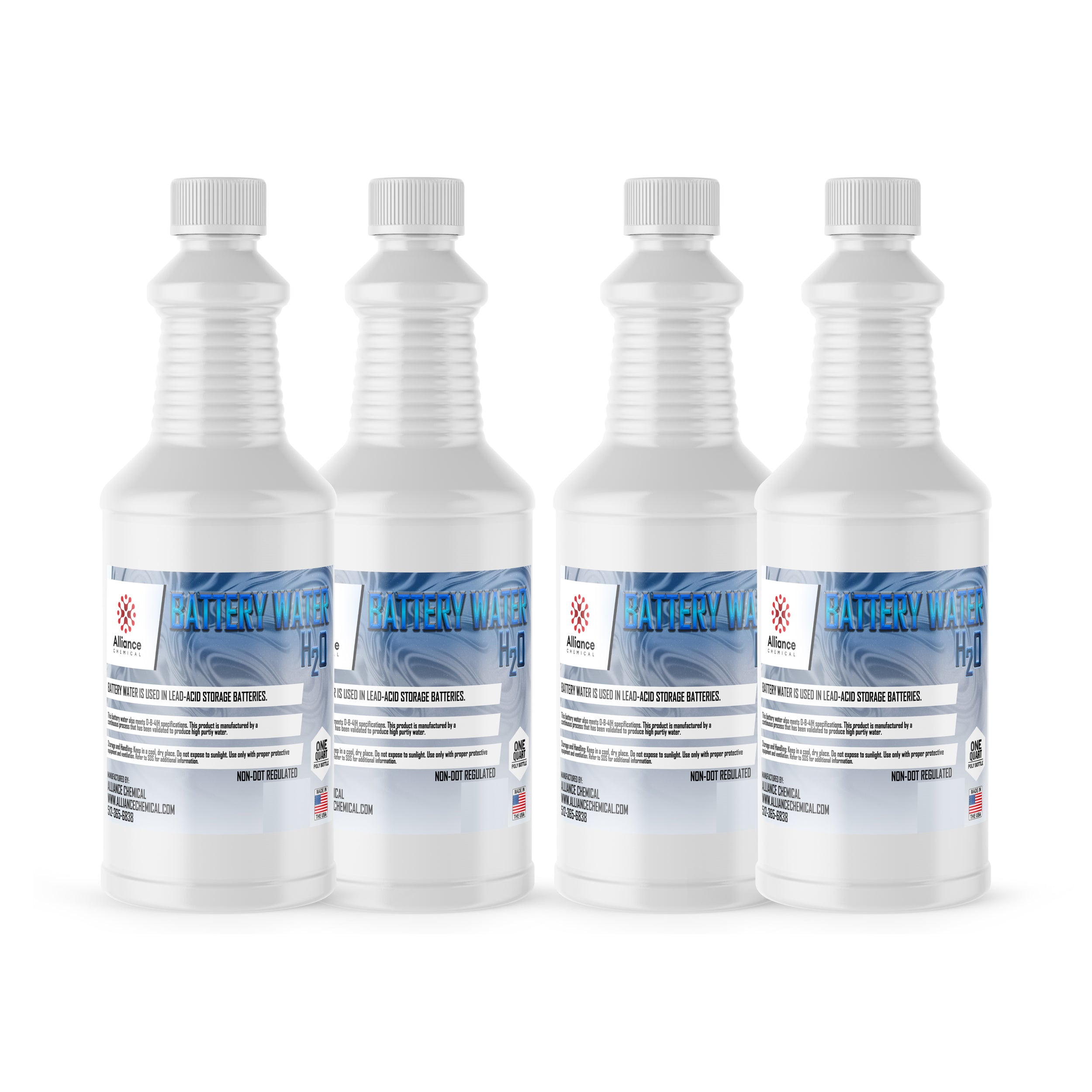 4x1-quart battery water bottles in white HDPE containers, non-DOT regulated, for lead-acid storage batteries, made in USA, Alliance Chemical brand.